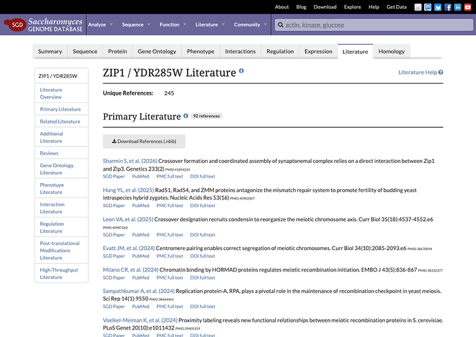 ZIP1 Literature tab organized by evidence type